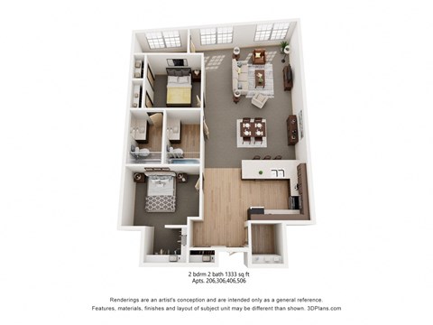 Floor plan for 2 beds, 2 baths, 1333 sqft